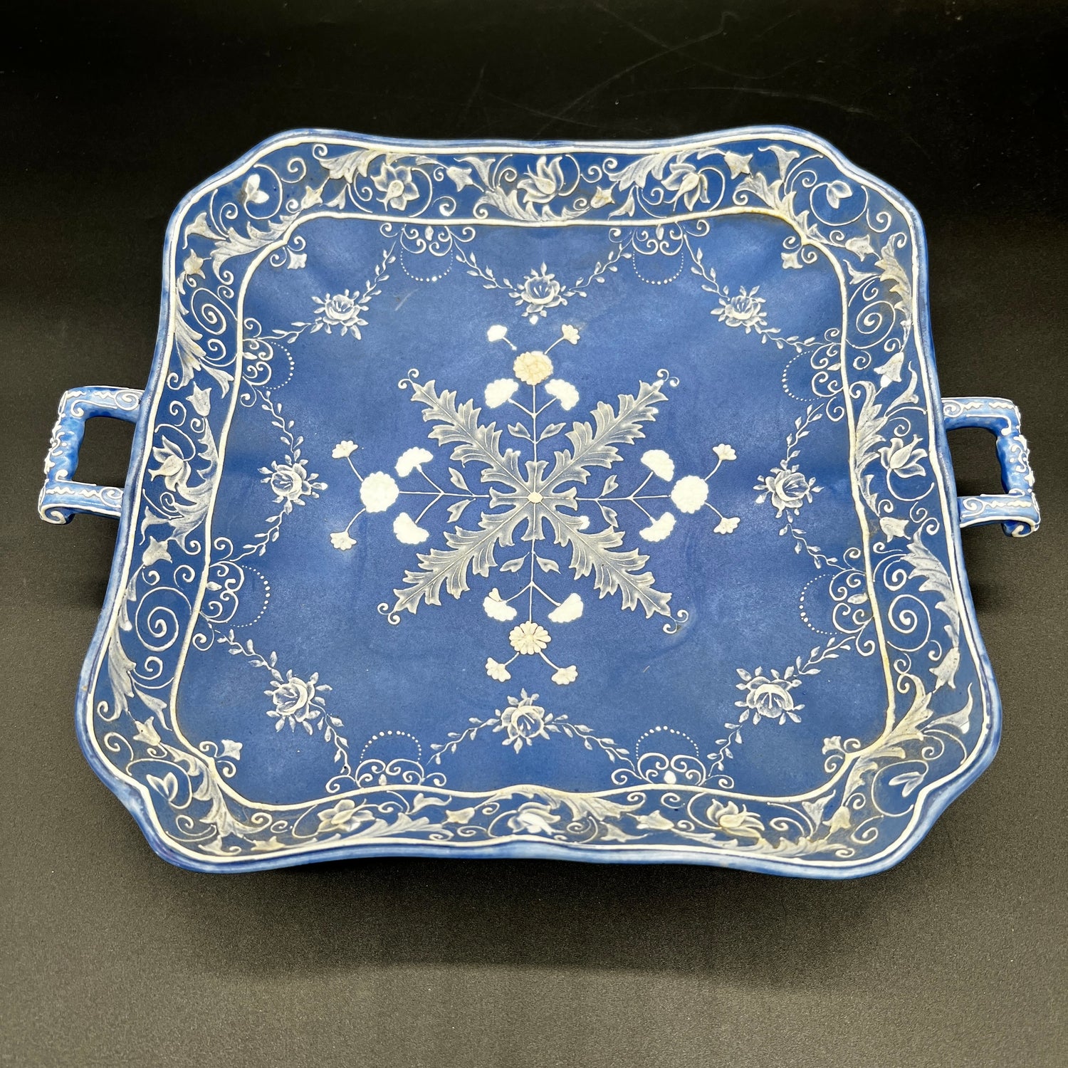 blue and white tray on gray background