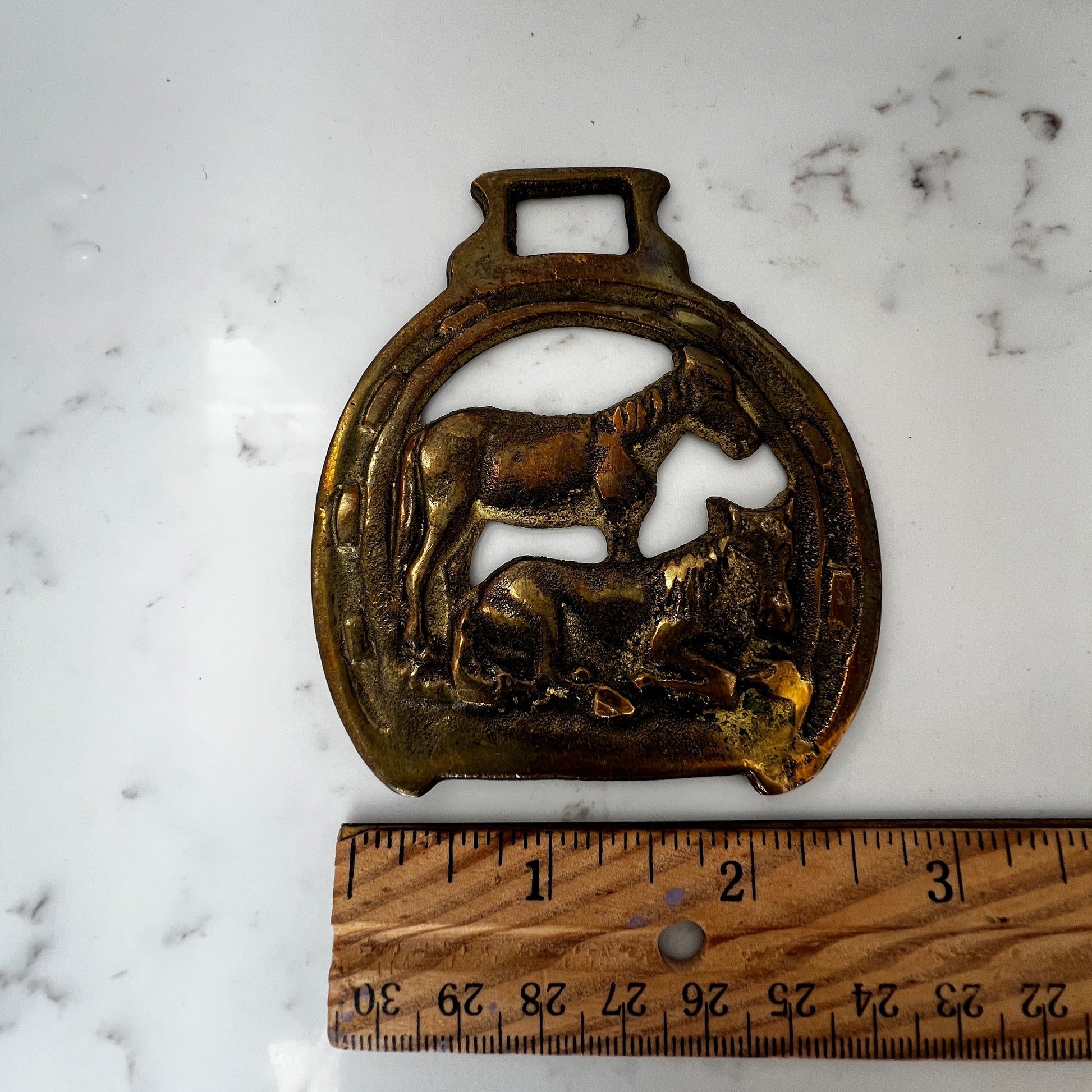 Vintage horse brass medallion necklace with paisley scarf, equestrian boho jewelry.