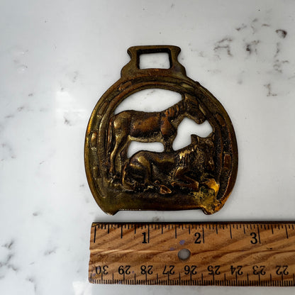 Vintage horse brass medallion necklace with paisley scarf, equestrian boho jewelry.