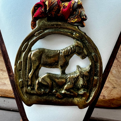 Vintage horse brass medallion necklace with paisley scarf, equestrian boho jewelry.