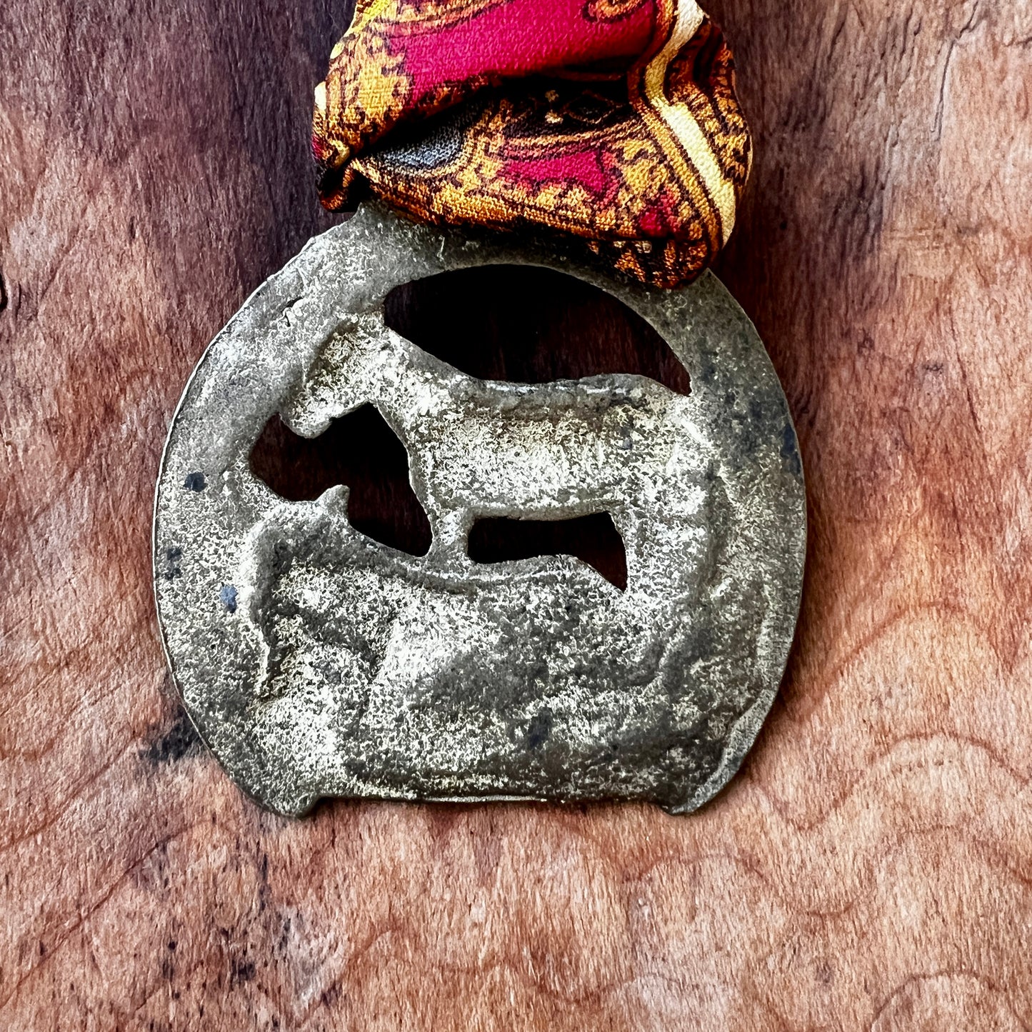 the back of Vintage horse brass medallion necklace with paisley scarf, equestrian boho jewelry.
