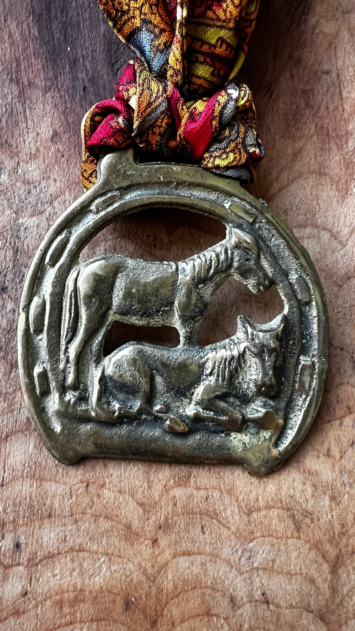 Vintage horse brass medallion necklace with paisley scarf, equestrian boho jewelry.