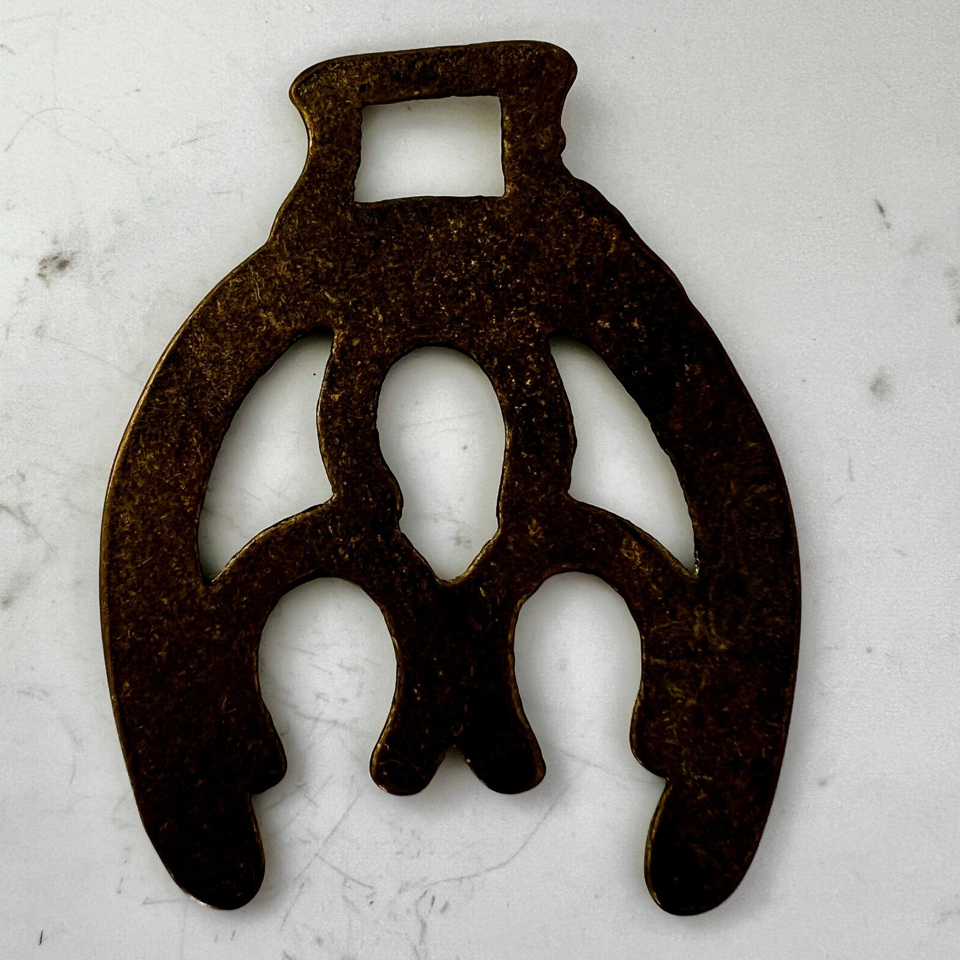 Vintage double horseshoe brass medallion necklace with dark multi-strand beads and leather connector.