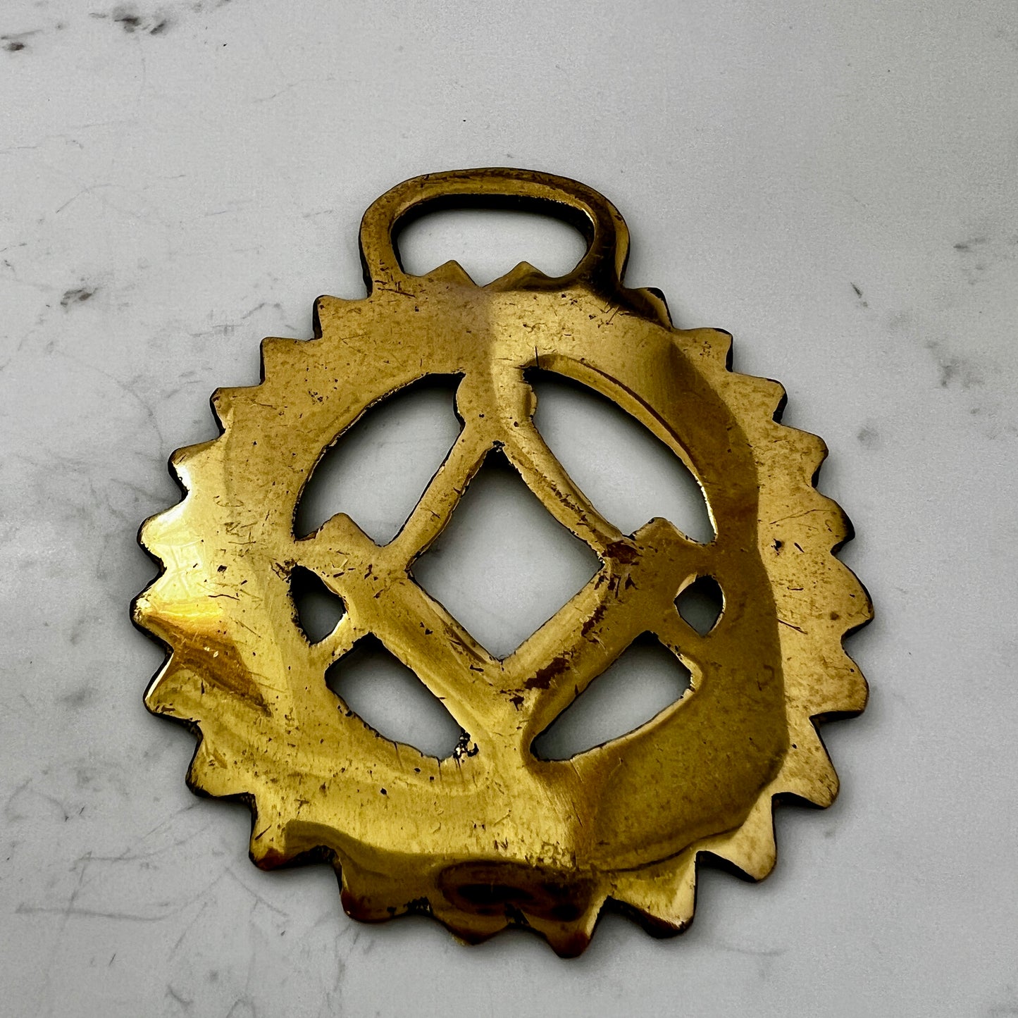 Vintage Masonic square and compass brass medallion necklace with red white blue scarf.