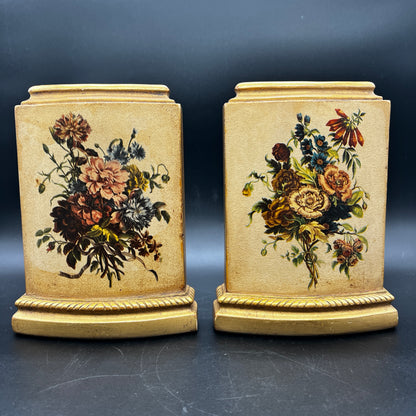 Pair of vintage MCM Borghese floral gold bookends with raised flower design for styled shelves or mid century décor.