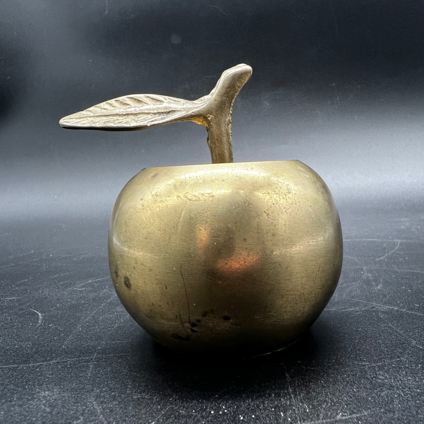 Bronze apple with leaf on a dark textured surface