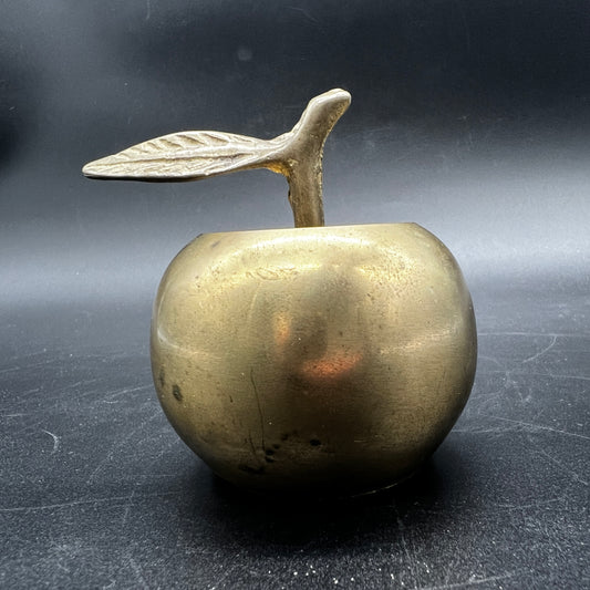 Bronze apple with leaf on a dark textured surface