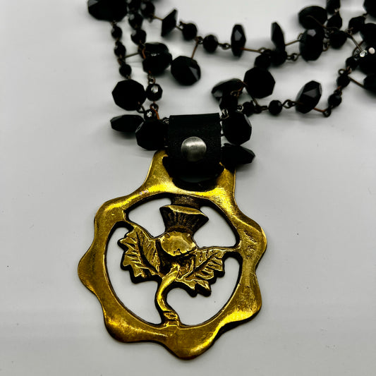Vintage Brass Thistle Horse Medallion Necklace – Black Multi-Strand Beads