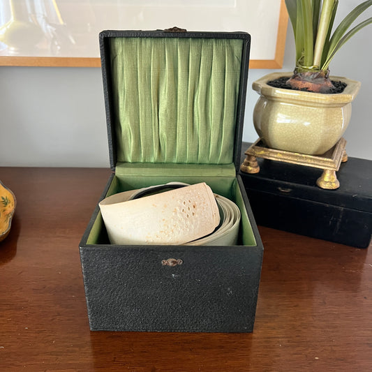 white collars in a green-lined box on a wooden surface with a plant in the background.