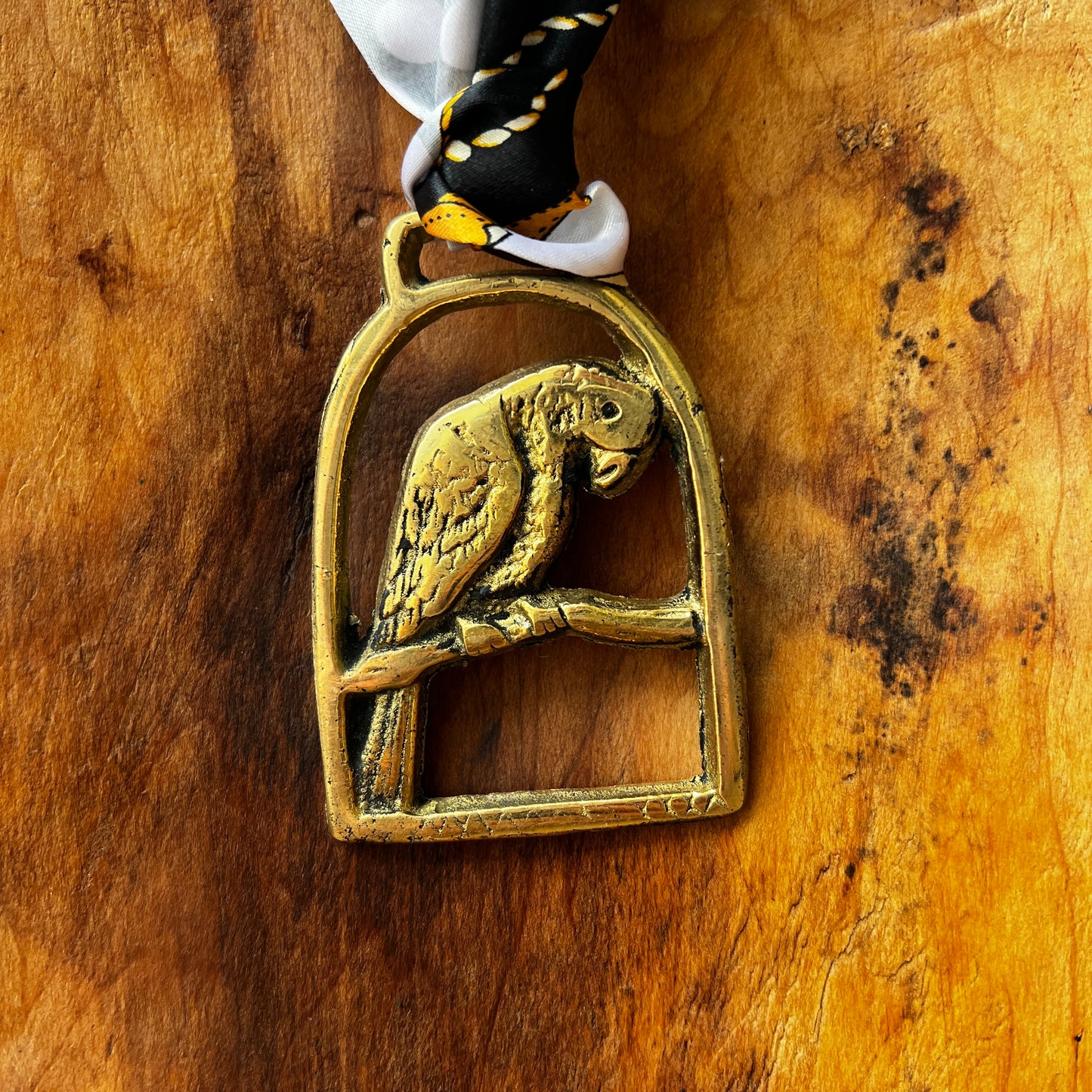 Vintage parrot brass medallion necklace with black and gold scarf, boho eclectic jewelry.