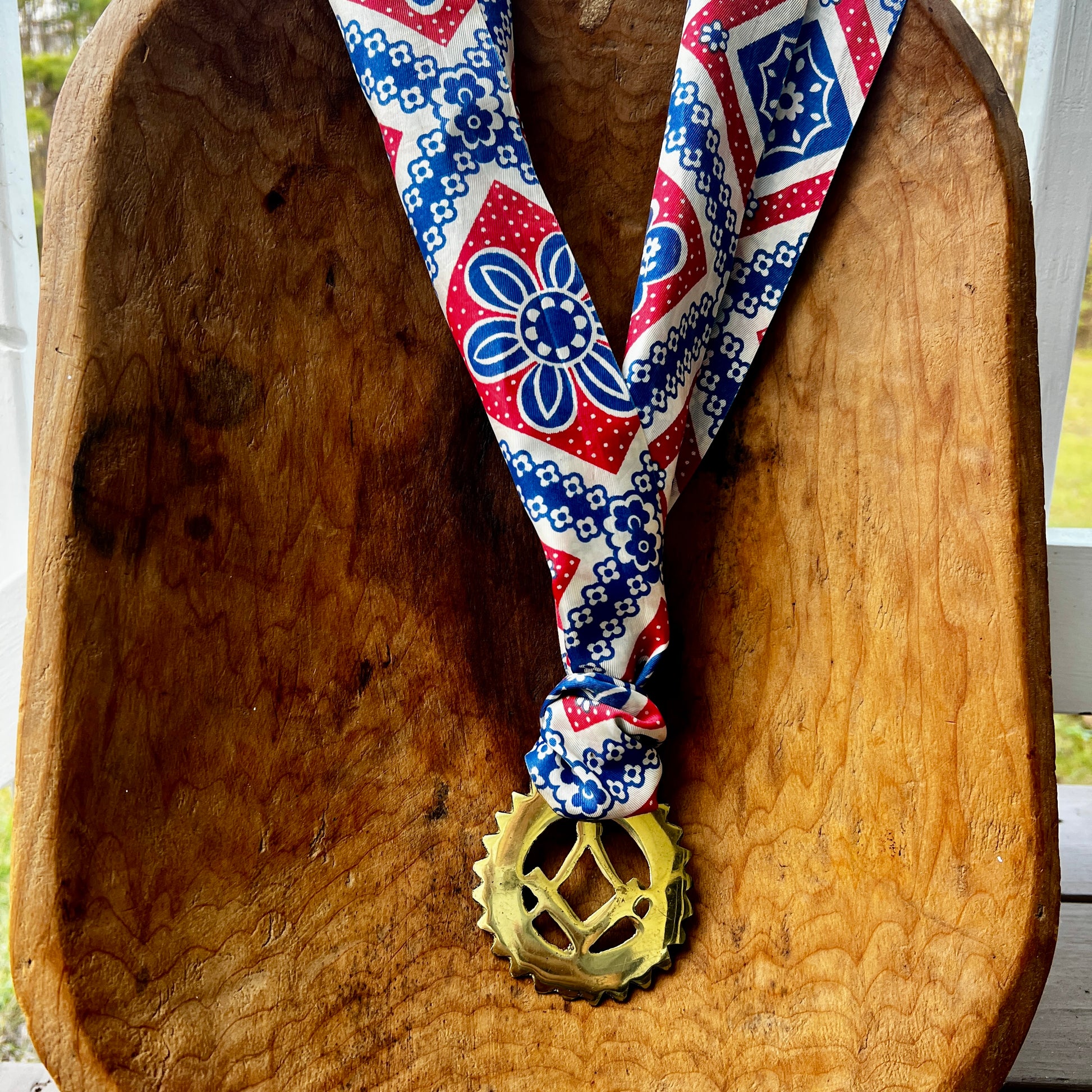 Vintage Masonic square and compass brass medallion necklace with red white blue scarf.
