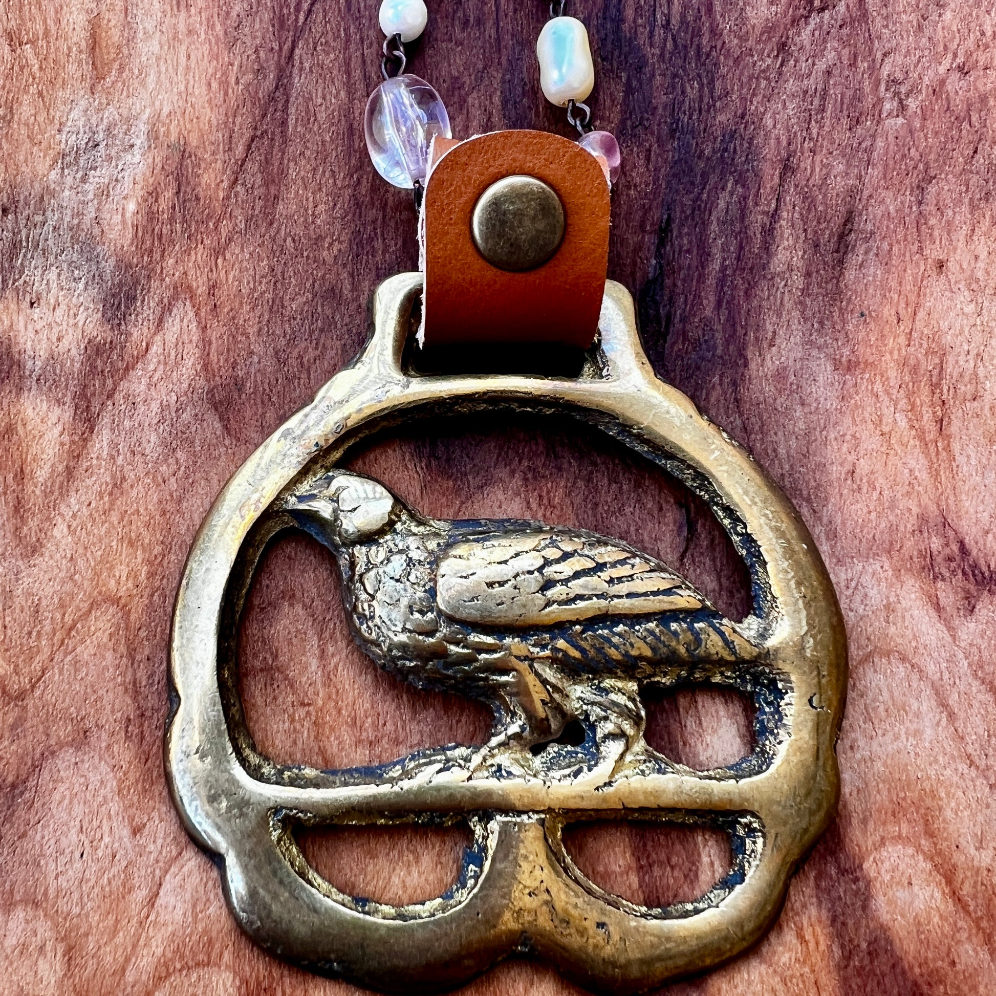 Vintage pheasant brass medallion necklace, rustic folk-art bird jewelry.