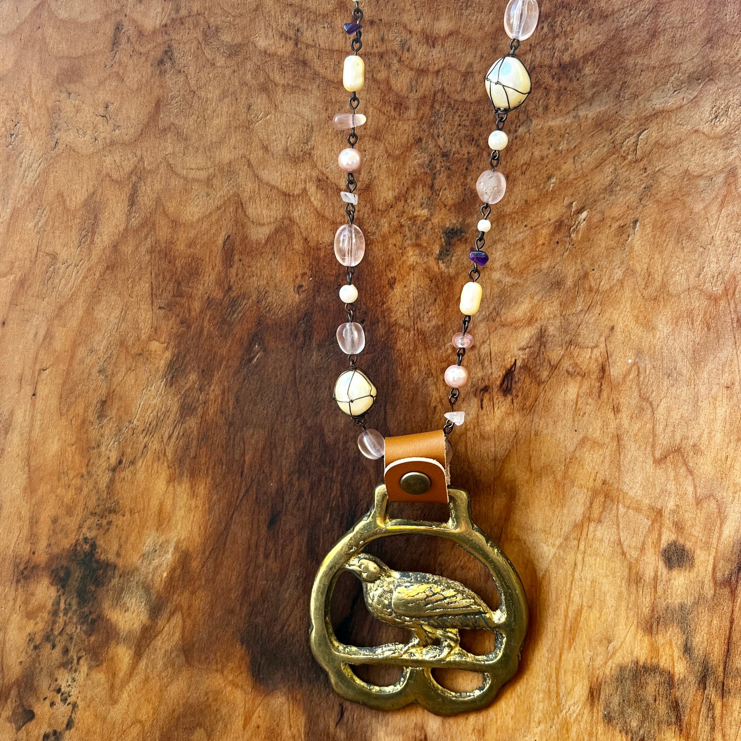 Vintage pheasant brass medallion necklace, rustic folk-art bird jewelry.