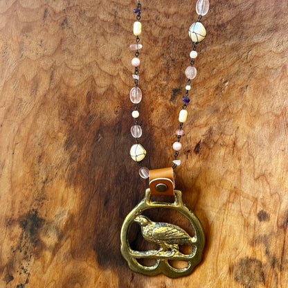 Vintage pheasant brass medallion necklace, rustic folk-art bird jewelry.