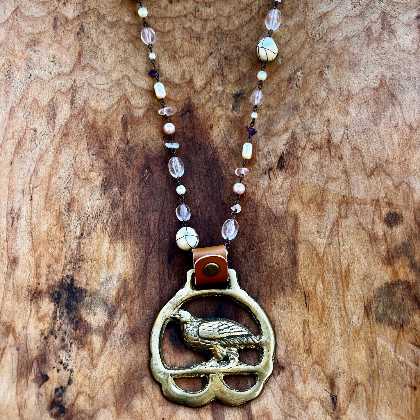 Vintage pheasant brass medallion necklace, rustic folk-art bird jewelry.