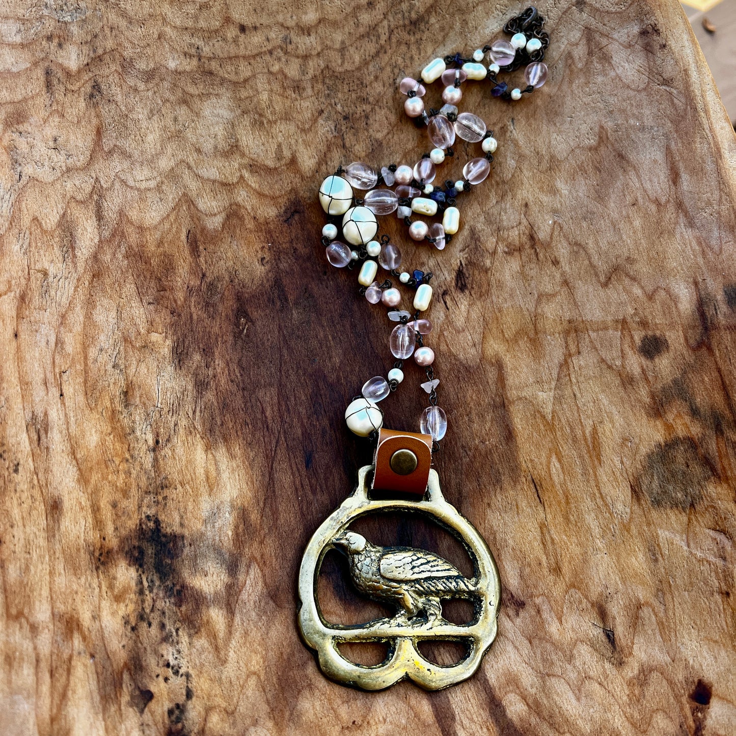 Vintage pheasant brass medallion necklace, rustic folk-art bird jewelry.