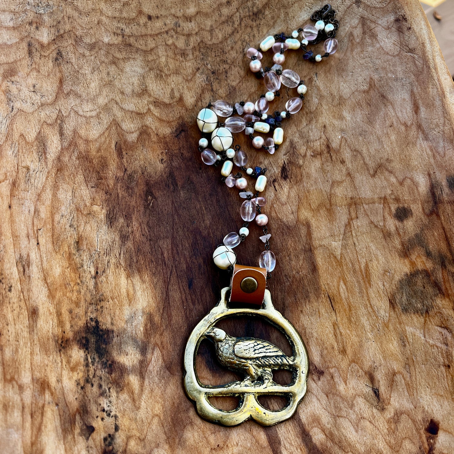 Vintage pheasant brass medallion necklace, rustic folk-art bird jewelry.