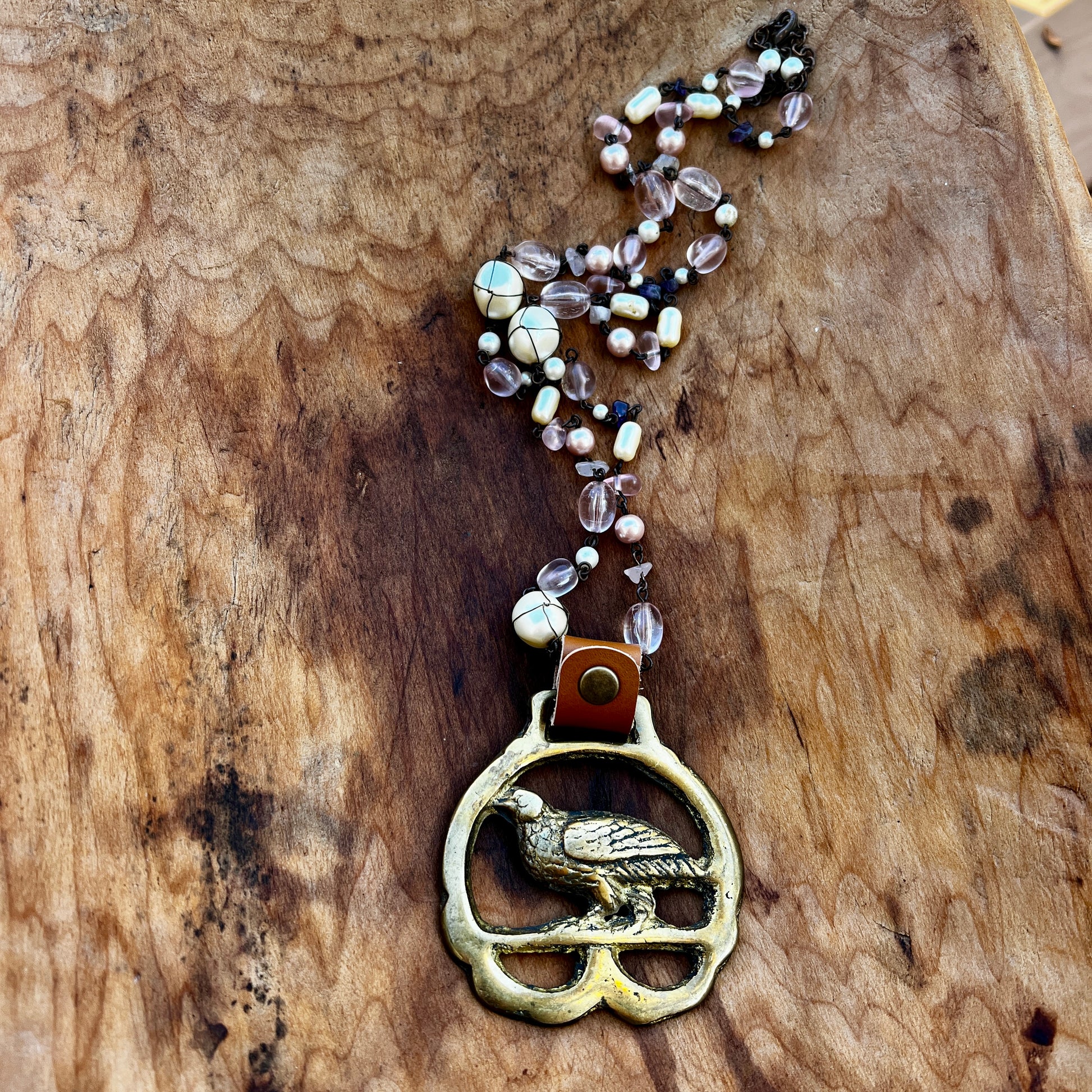 Vintage pheasant brass medallion necklace, rustic folk-art bird jewelry.