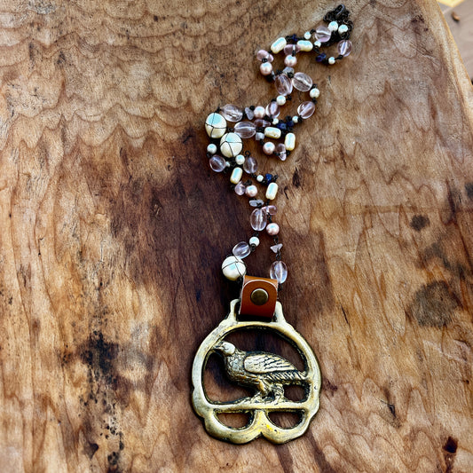 Vintage pheasant brass medallion necklace, rustic folk-art bird jewelry.