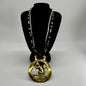 Vintage squirrel brass horse medallion on multi-strand black and silver beaded necklace with leather connector.