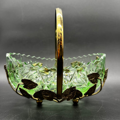Green Glass Bowl with Gold Tone Basket Holder – Vintage Tabletop Décor