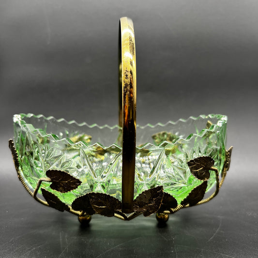 Green Glass Bowl with Gold Tone Basket Holder – Vintage Tabletop Décor