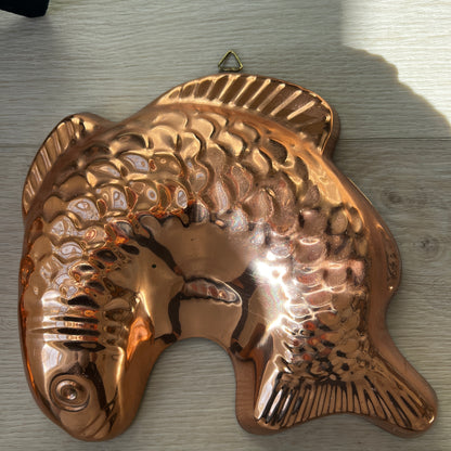 Vintage copper fish mold wall décor with embossed scales and hanging loop, mid century kitchen and coastal home accent