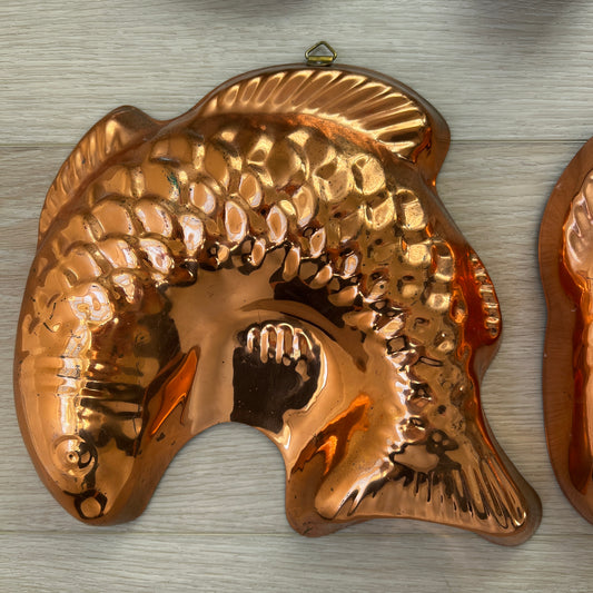 Vintage copper fish mold hanging wall décor — rustic coastal kitchen collectible.