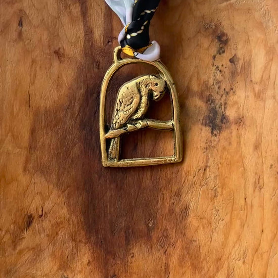 Video of Vintage parrot brass medallion necklace with black and gold scarf, boho eclectic jewelry.
