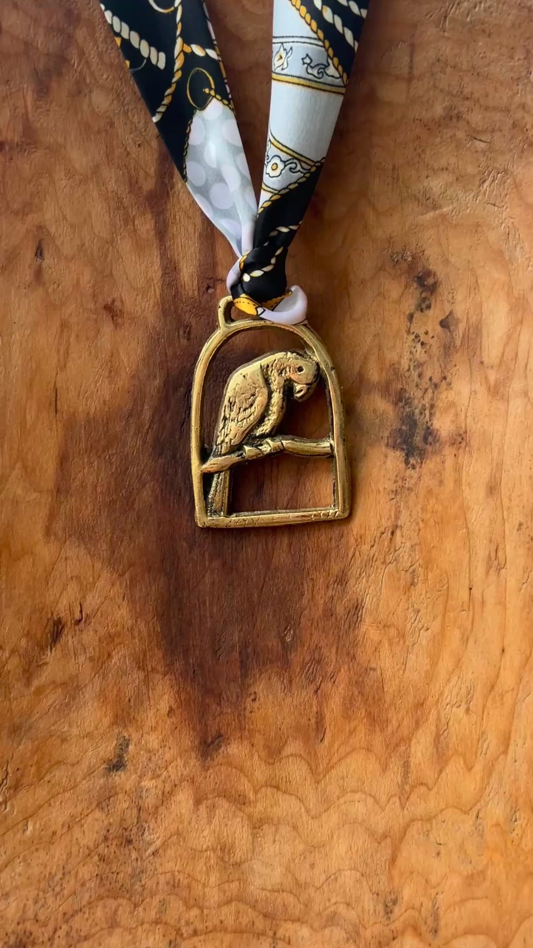 Video of Vintage parrot brass medallion necklace with black and gold scarf, boho eclectic jewelry.