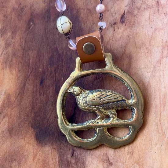 Video Vintage pheasant brass medallion necklace, rustic folk-art bird jewelry.