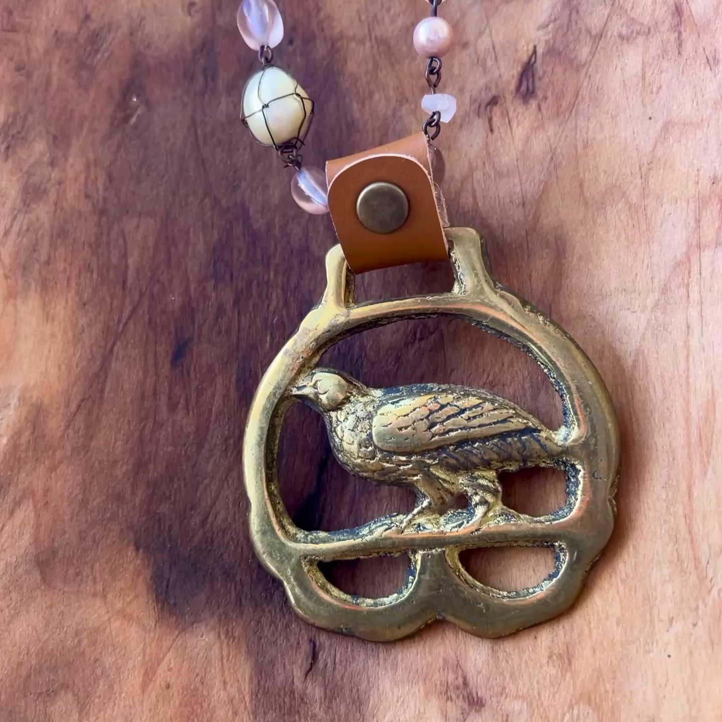 Video Vintage pheasant brass medallion necklace, rustic folk-art bird jewelry.