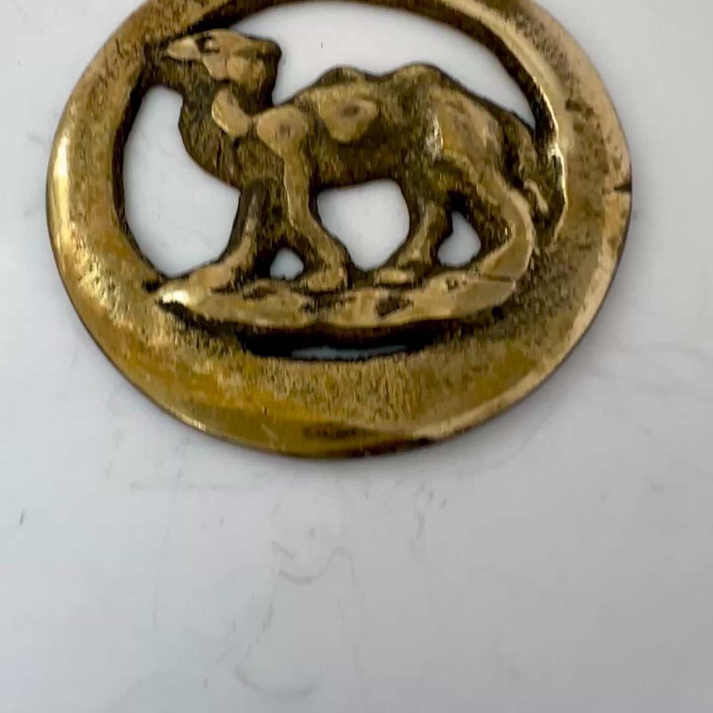 Vintage camel horse brass medallion on double-strand neutral beaded necklace with caramel leather connector.