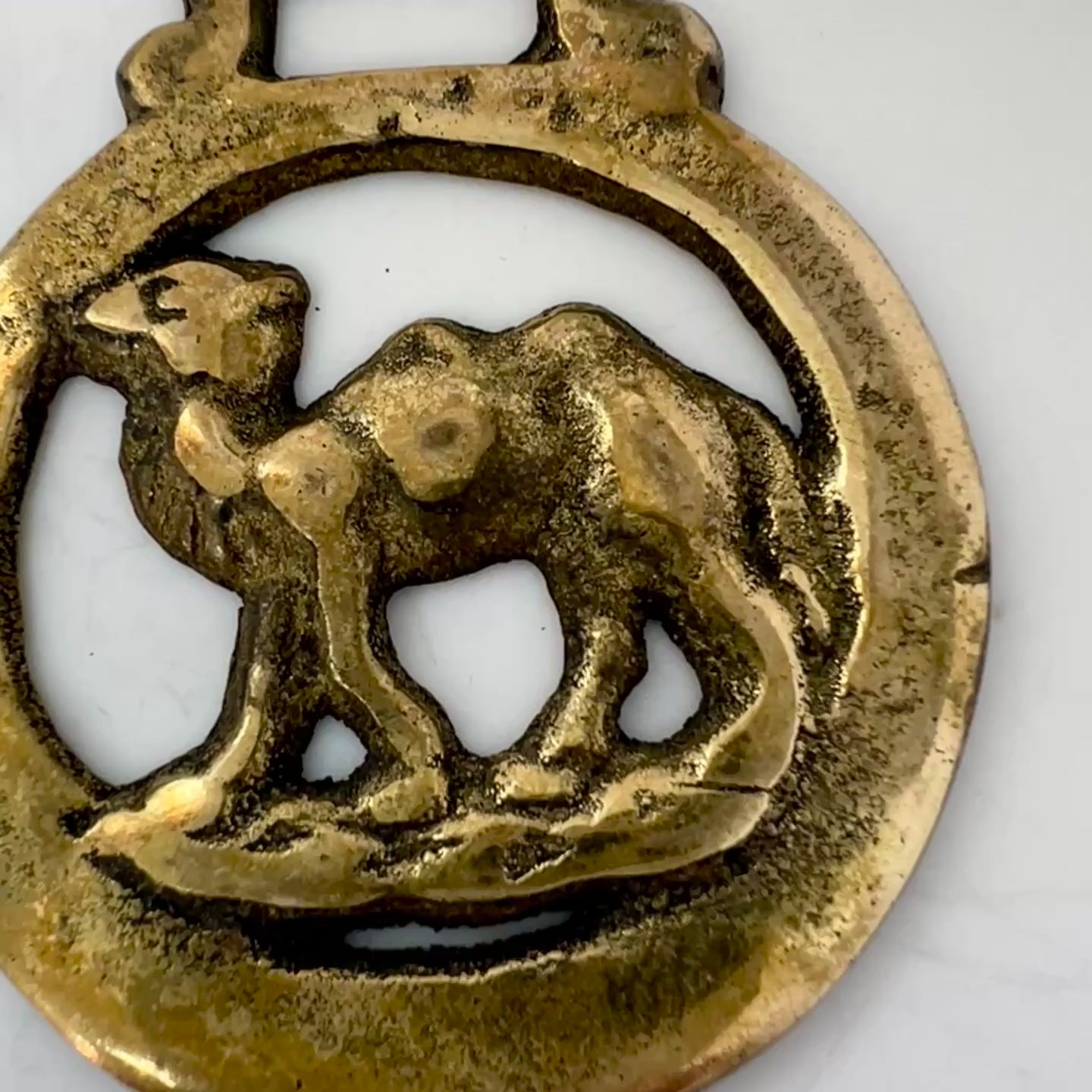 Vintage camel horse brass medallion on double-strand neutral beaded necklace with caramel leather connector.