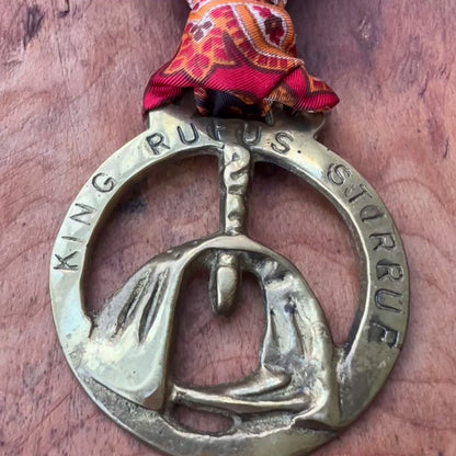 Video Vintage King Rufus Stirrup brass medallion necklace with red paisley scarf, equestrian jewelry.