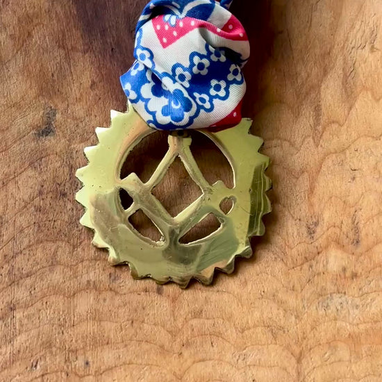 Video Vintage Masonic square and compass brass medallion necklace with red white blue scarf.