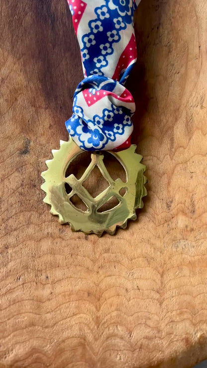 Video Vintage Masonic square and compass brass medallion necklace with red white blue scarf.